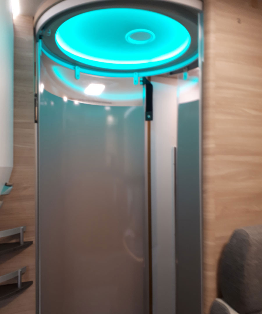 Showers in corridoors with sliding doors.  We are not sure about this one but at least it looks like a Star Trek transporter