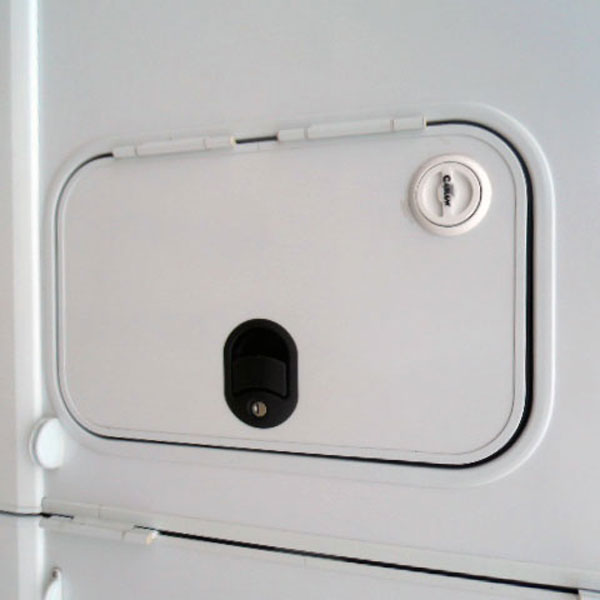 The filling point for the Gaslow refillable gas system sits neatly on the outside of the gas locker door